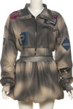 Khaki Casual Letters Patchwork Zipper Zipper Collar Long Sleeve Two Pieces