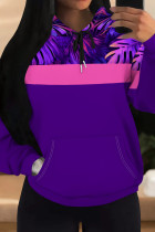 Dark Purple Casual Print Draw String Pocket Patchwork Hooded Tops