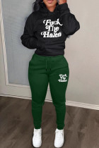 Black Green Casual Letters Pocket Patchwork Hooded Long Sleeve Two Pieces