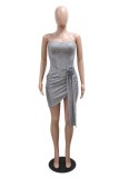 Silver Sexy Hot Club Solid Color Sequins Backless Strapless Wrapped Skirt Dresses