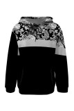 Orange Casual Print Draw String Pocket Patchwork Hooded Tops