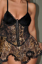 Brown Sexy Leopard Print Lace Patchwork Backless Spaghetti Strap Sling Dresses
