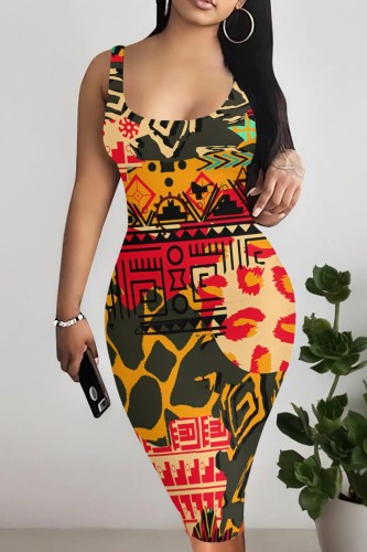 Orange Red Casual Print Basic U Neck Vest Dresses