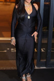 Black Elegant Solid Color Hollow Out Patchwork Deep V Neck Long Dresses