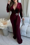 Burgundy Sexy Elegant Solid Color Patchwork Hot Drill V Neck Bodycon Jumpsuits