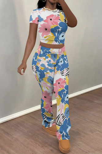 White Blue Casual Flowers Print Contrast O Neck Sleeveless Two Pieces