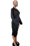 Black Sexy Hot Solid Color Ruched Zipper Collar Long Sleeve Plus Size Dresses