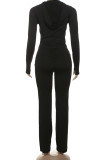 Black Casual Solid Color Patchwork Zipper Zipper Collar Long Sleeve Two Pieces