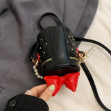 Black Casual Daily Bow Patchwork Pearls Decor Zipper Bags