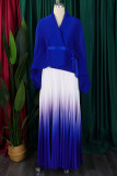 Royal Blue Casual Gradient Patchwork Strap Design Cardigan Collar Long Sleeve Two Pieces
