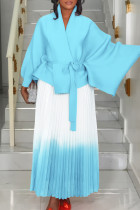 Lake Blue Casual Gradient Patchwork Strap Design Cardigan Collar Long Sleeve Two Pieces