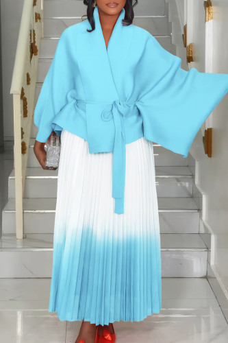 Lake Blue Casual Gradient Patchwork Strap Design Cardigan Collar Long Sleeve Two Pieces
