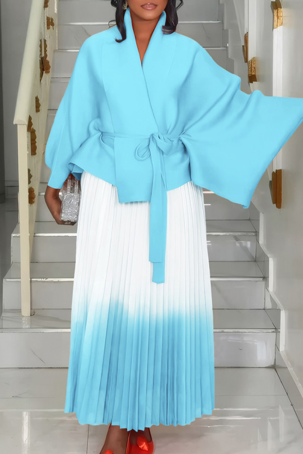 Lake Blue Casual Gradient Patchwork Strap Design Cardigan Collar Long Sleeve Two Pieces