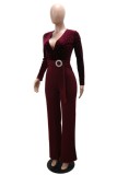 Burgundy Sexy Elegant Solid Color Patchwork Hot Drill V Neck Bodycon Jumpsuits