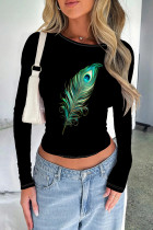 Black Green Casual Print Patchwork O Neck Mid Waist Tops