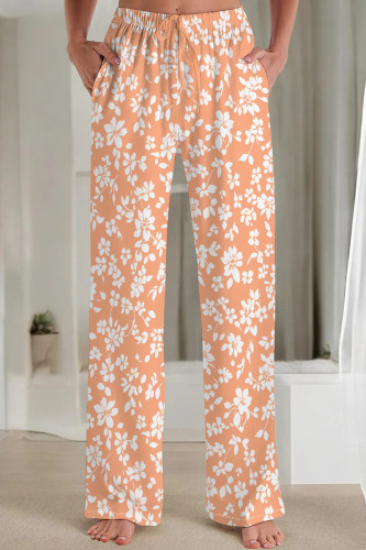 Light Orange Casual Print Patchwork Loose Mid Waist Straight Full Print Bottoms