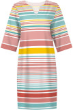 Red Blue Casual Striped Print Gradient V Neck Printed Dresses