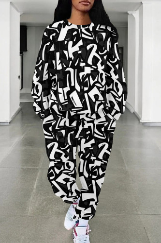 Black And White Casual Print Pocket Patchwork O Neck Long Sleeve Two Pieces