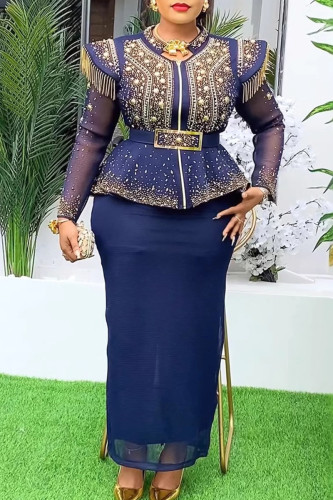 Deep Blue Elegant Solid Color Fringed Trim Patchwork With Belt Hot Drill O Neck Long Plus Size Two Pieces