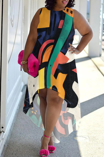 Multicolor Casual Print Patchwork O Neck Irregular Plus Size Dresses