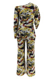 Camouflage Casual Camouflage Print Pocket Patchwork Oblique Collar Long Sleeve Two Pieces