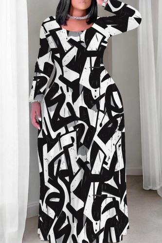White Black Casual Print Patchwork O Neck Long Plus Size Dresses