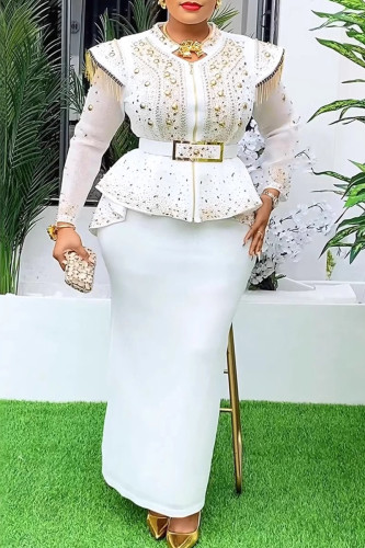 White Elegant Solid Color Fringed Trim Patchwork With Belt Hot Drill O Neck Long Plus Size Two Pieces