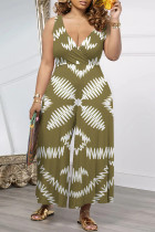Olive Green Casual Floral Print Pocket Contrast V Neck Loose Jumpsuits