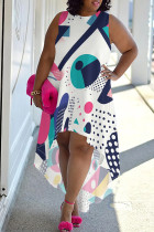 White Blue Casual Print Patchwork O Neck Irregular Plus Size Dresses