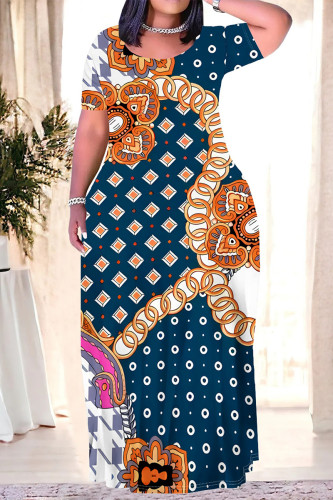 Navy Blue Casual Flowers Splashed ink Chain print Contrast O Neck Printed Plus Size Dresses