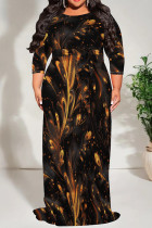 Black Gold Casual Print Patchwork Strap Design O Neck Long Plus Size Dresses