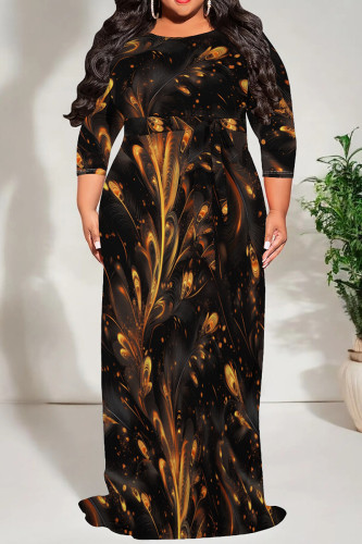 Black Gold Casual Print Patchwork Strap Design O Neck Long Plus Size Dresses