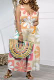 Beige Casual Floral Print Pocket Contrast V Neck Loose Jumpsuits