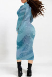 Turquoise Elegant Gradient Print Contrast Half A Turtleneck One Step Skirt Dresses