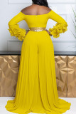 Yellow Casual Solid Color Patchwork Backless Zipper Ruffled Trim Off Shoulder Loose Jumpsuits