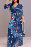 Dark Blue Casual Faux Denim Print Lace Up Contrast V Neck Printed Dresses