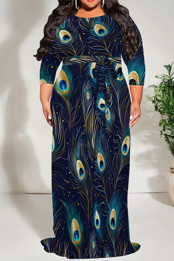Tibetan Blue Casual Print Patchwork Strap Design O Neck Long Plus Size Dresses