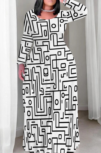 White Casual Print Patchwork O Neck Long Plus Size Dresses