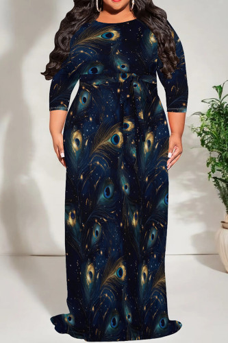 Golden Blue Casual Print Patchwork Strap Design O Neck Long Plus Size Dresses
