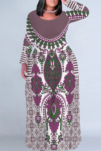 Light Purple Casual Street Floral Print Contrast O Neck Printed Plus Size Dresses