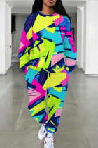 Multicolor Casual Print Pocket Patchwork O Neck Long Sleeve Two Pieces