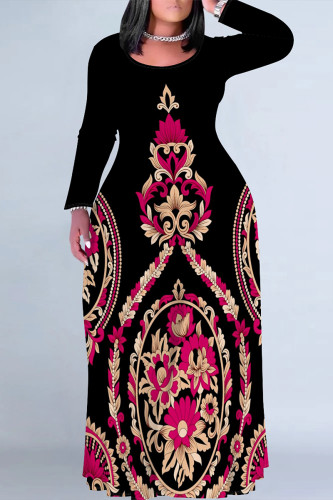 Black Red Casual Street Floral Print Contrast O Neck Printed Plus Size Dresses