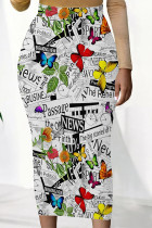 White Casual Butterfly Newspaper printing Contrast Regular High Waist Full Print Bottoms