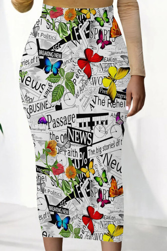 White Casual Butterfly Newspaper printing Contrast Regular High Waist Full Print Bottoms