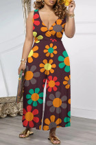 Deep Coffee Casual Floral Print Pocket Contrast V Neck Loose Jumpsuits