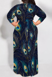 Golden Blue Casual Print Patchwork Strap Design O Neck Long Plus Size Dresses