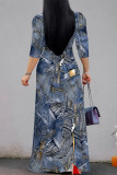 Dark Blue Casual Faux Denim Print Lace Up Contrast V Neck Printed Dresses