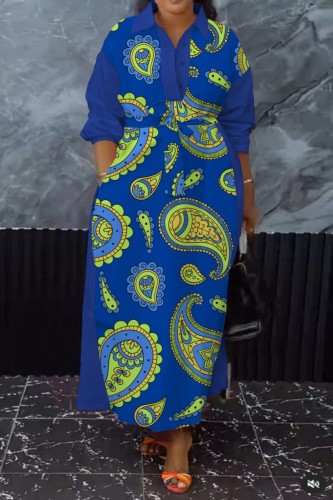 Blue Casual Print Buttons Patchwork Turndown Collar Long Plus Size Dresses