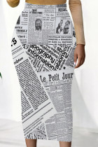Gray White Casual Butterfly Newspaper printing Contrast Regular High Waist Full Print Bottoms