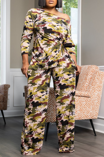 Camouflage Casual Camouflage Print Pocket Patchwork Oblique Collar Long Sleeve Two Pieces